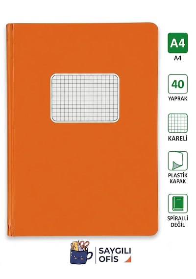 Saygılıofis 40 Yaprak A4 Dikişli Düz Pp Kapak Kareli Defter Turuncu