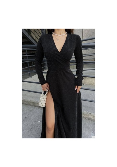 Alfa Aksesuar 03 Krep Yırtmaçlı Abiye Elbise Kruvaze Maxi Yaka Kumaş Siyah