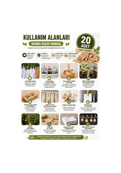 20 Adet Bambu Ahşap Mandal Doğal Çamaşır Mandalı Bpa İçermez Çok Amaçlı Dekoratif Hobi Ve Paketleme Kullanım Diğer