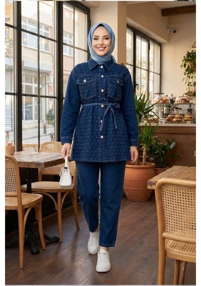 Hb Harma Time Butik Kadın Taş İşlemeli Kot Mavi Tunik Pantolon İkili Takım Koyu Mavi