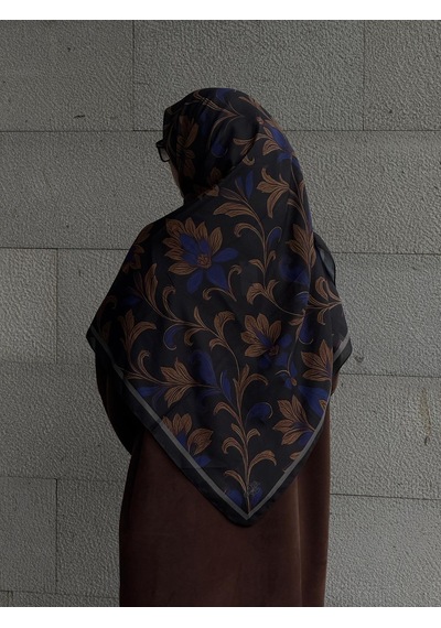 Qalortex Scarf Pamuklu Yaprak Desen Eşarp - Siyah - Morcivert Morcinevt