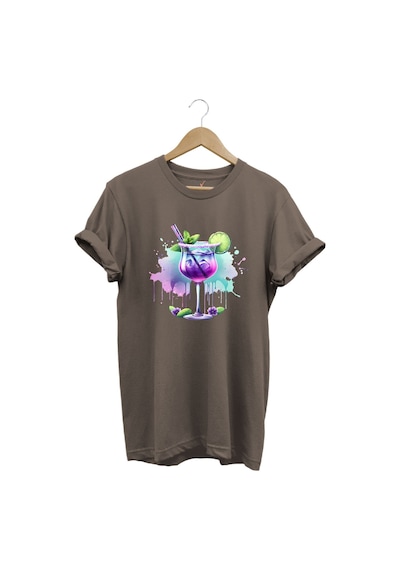 Tropik Kokteyl Temalı Renkli Yaz Baskılı %100 Pamuk Unisex Regular Fit T-shirt Kahverengi