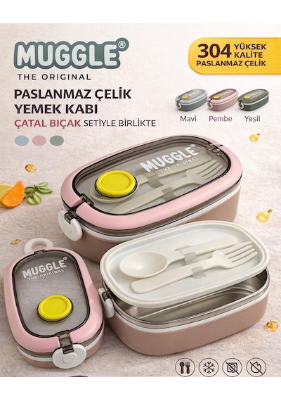 Paslanmaz Çelik Yemek Kabı 750 Ml - Çatal Kaşık Setli, Çift Kilitli Tasarım- Pembe Renk Çok Renkli