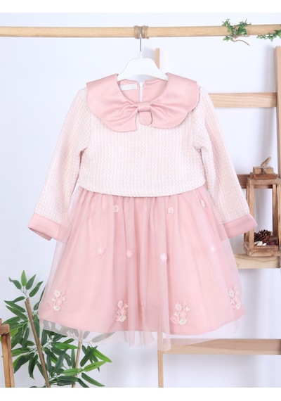 Xo Kids Bebe Yakalı Çiçek İşlemeli Tüllü Fiyonklu Kız Çocuk Elbise 3-8 Yaş 4423 Pembe