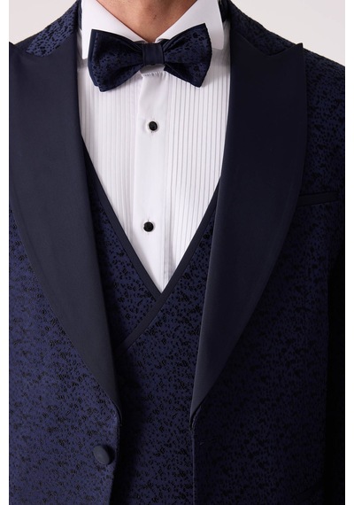 Ysf Erkek Lacivert Damatlık Slim Fit Kırlangıç Yaka Desenli
