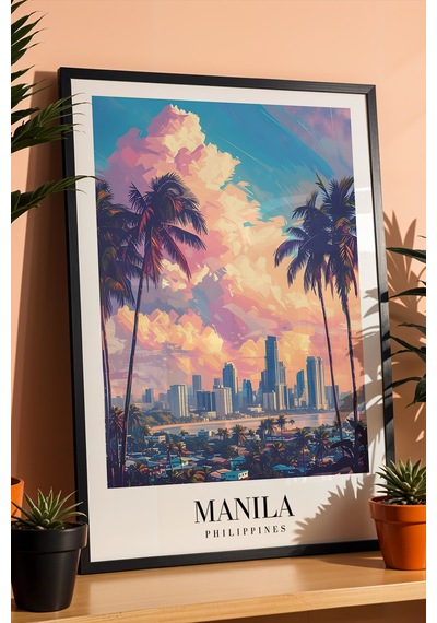 Manila Philippines Vintage Seyahat Posteri Çerçeveli Tablo - Premium Egzotik Şehir Duvar Dekoru Siyah