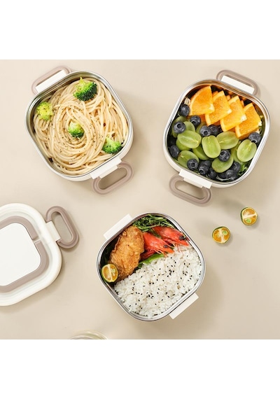 Valkyrie 1950 Ml 3 Katlı Paslanmaz Çelik Yemek Kabı Termal Çantalı, Akıtmaz, Bpa Sız Tek Kap 3 Öğün Krem