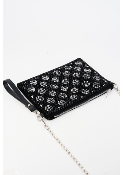 Vivaq Kadın Puantiyeli Gümüş Taşlı Süet Bilek Askılı Ve Zincir Askılı Portföy Ve Clutch Çanta SİYAH
