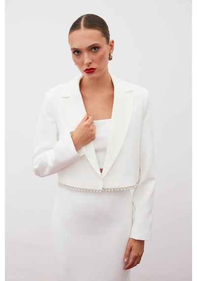 Sateen Aksesuarlı Kısa Ceket - Ekru-134922 Ekru