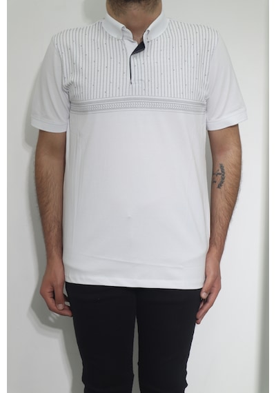 Santa Dmctekstil Erkek Desenli Spor Kesim Rahat Kalıp Polo Yaka T-shirt Beyaz