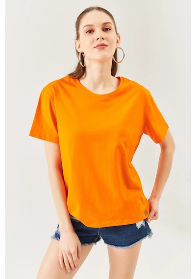 Kadın Oversize Rahat %100 Pamuklu Penye Bisiklet Yaka Kısa Kol Basic T-shirt Turuncu