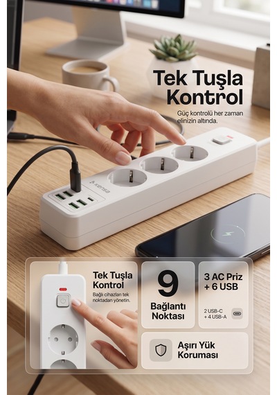 Akım Korumalı Priz 3'lü 4x Usb-a + 2x Usb-c 2 Metre Kablo 0 - 2 M