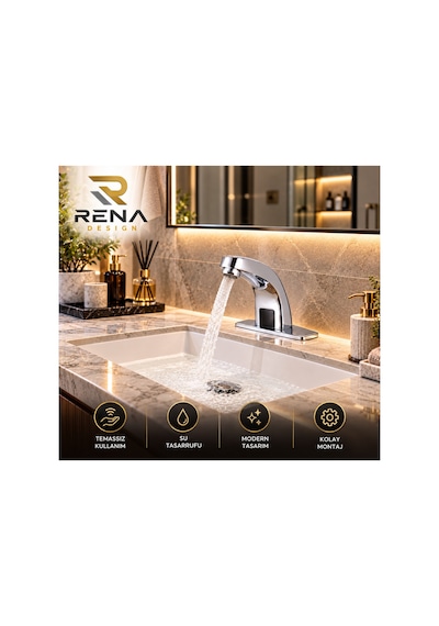 Rena Design Fotoselli Sensörlü Krom Lavabo Bataryasi Temassiz Otomatik Tasarruflu Modern Musluk Kuğu