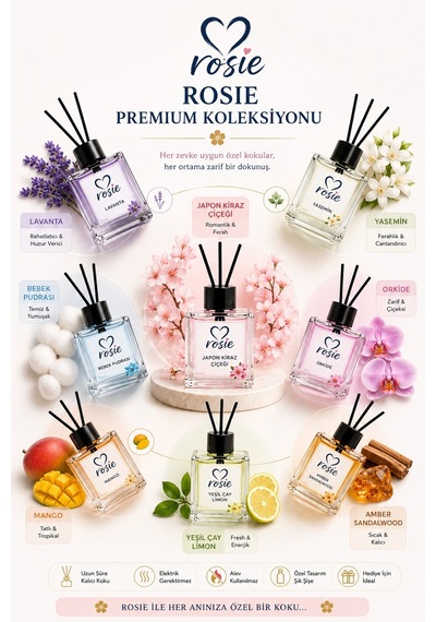 Rosie Japon Kiraz Çiçeği Çubuklu Oda Kokusu, Premium Cam Şişe, Kalıcı Ortam Kokusu, Dekoratif Reed Diffuser