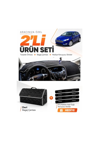 E-biz Ford Focus 3 2011-2016 Uyumlu Torpido Örtüsü + Deri Bagaj Çantası Seti - Siyah-gri - Fo012