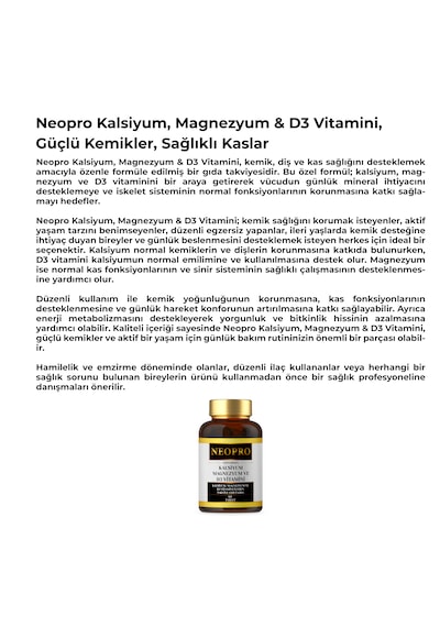 Neopro Kalsiyum, Magnezyum Ve D3 Vitamini İçeren Takviye Edici Gıda - 60 Tablet