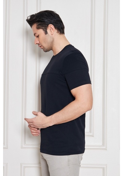 Jeuss Erkek Viscon Lina Likralı Kumaş Bisiklet Yaka Siyah Tshirt