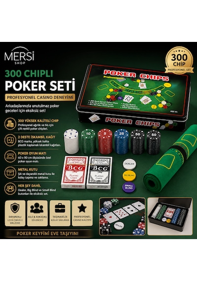300 Chipli Profesyonel Poker Seti Metal Kutulu 2 Deste İskambil Kağıtlı Casino Oyun Seti