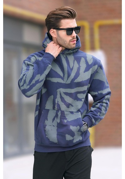 Madmext Lacivert Kapüşonlu Cep Detaylı Baskılı Erkek Sweatshirt 7087 Lacivert