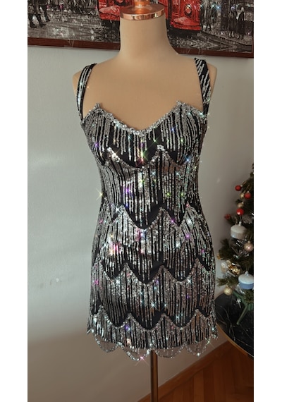 Chica Rosa Fashion Kısa Gümüş Pullu Elbise Gümüş - Siyah