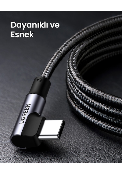 Ugreen Usb-c 100w 5a Qc Pd 90 Derece Örgülü Hızlı Şarj Kablosu, 2 Metre, Siyah, 70645 -