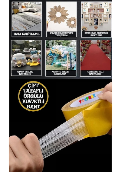 Çift Taraflı Örgülü Kuvvetli Bant - Halı Kaydırmaz - Dekor Yapıştıran - Geniş Kullanım Alanı - 10 Mt