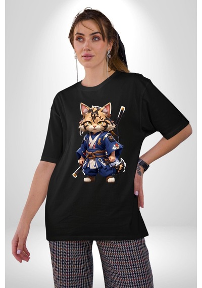 Asyalı Kedi Samuray Savaşcı Pamuklu Bisiklet Yaka Unisex Oversize Boyfriend Dijital Baskılı Siyah T-shirt Siyah