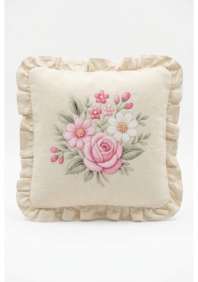 Fırfırlı Çiçek Desenli Dekoratif Kırlent Kılıfı %100 Pamuk Organik Boya Baskılı 45x45 Cm Bej