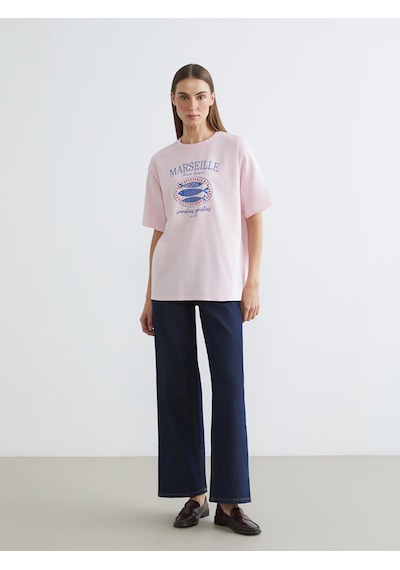 Lc Waikiki Lc Waıkıkı Pembe Oversize %100 Pamuklu Kadın Tişört