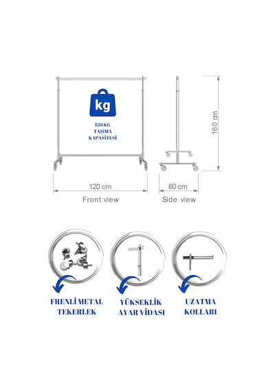 Lüks Ev Tipi Yükseklik Ayarlanabilir Tekerlekli Metal Askılık Metal