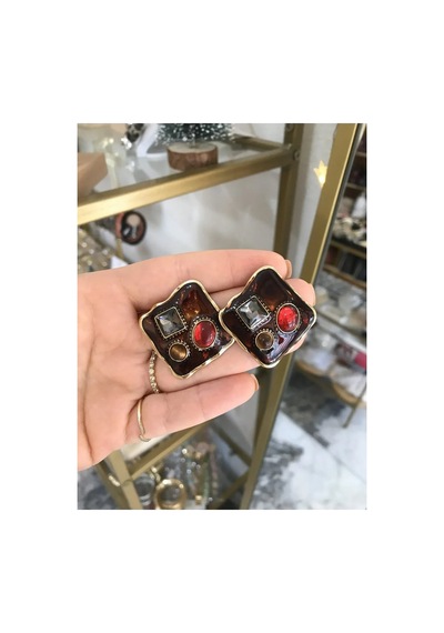 Tasarım Kare Vintage Model Küpe Çok Renkli