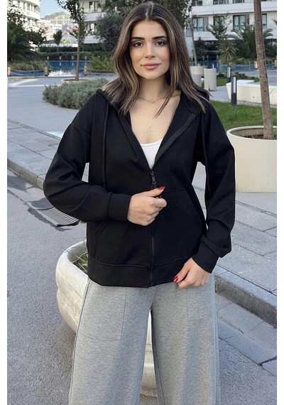 WeShaya Kadın Siyah Kapüşonlu, Fermuarlı, Cepli, Regular Kesim Sweatshirt Siyah