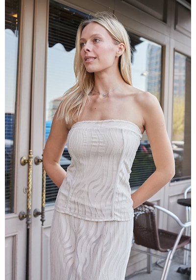 Jument Kadın Desenli Tül Strapless Likralı Body Bluz-bej