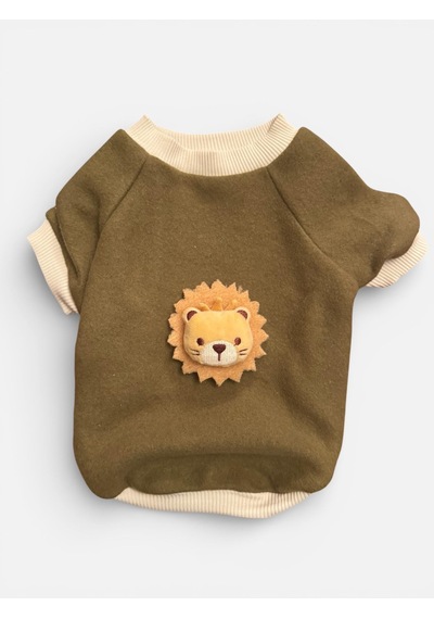 Minik Aslan Kedi Sweatshirt Haki Sıcak Tutan Yumuşak Kedi Kıyafeti