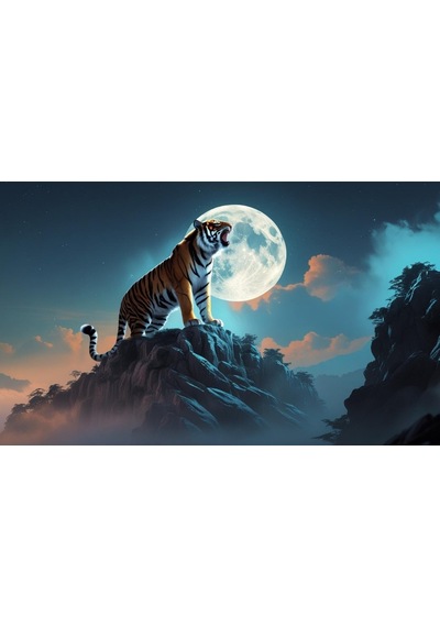 Kaplan Sisli Bir Dağda Aya Kükrüyor 03 Çerçevesiz 50x30 Cm Pvc Tablo