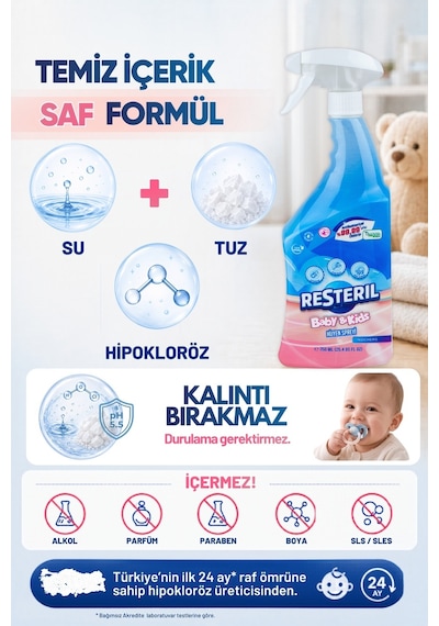 Resteril Bebek Yüzey Temizleyici Durulanmayan Çok Amaçlı Dezenfektan Sprey Mama Sandalyesi Oyun Matı Oyuncak Hijyen Spreyi Baby Kids 750 ML