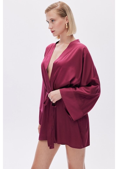 Fumée Bordo Kısa Saten Sabahlık / Kimono Bordo