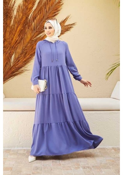 Neways 6531-Krep Kapüşonlu Reglan Kollu Elbise Eflatun