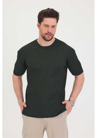 Tarz Cool Erkek Bisiklet Yaka Fitilli Kısa Kollu Ince Triko T-shirt Haki