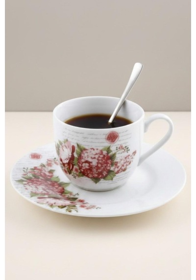 6 Kişilik Porselen Çay Fincanı Kaşıklı Çiçekli 150ml Diğer