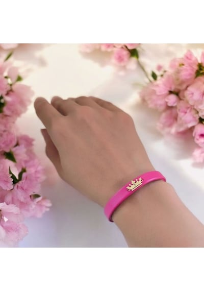 Ş Harfine Özel Taç Motifli 14 Ayar Altın Plakalı Doğal Pembe Derili Hediye Bileklik-495harf Ş