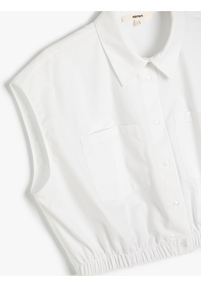 Koton Crop Gömlek Kolsuz Beli Lastikli Cepli Düğmeli Beyaz 4sak60467pw Beyaz