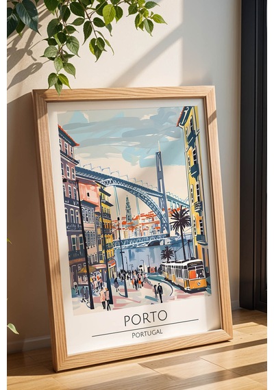 Portekiz Porto Temalı Çerçeveli Tablo Travel Serisi Modern İllüstrasyon Şehir Duvar Dekoru Kayın