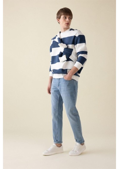Defacto Boxy Fit Bisiklet Yaka Çizgili Sweatshirt A9066AX24AUBE88 Mavi