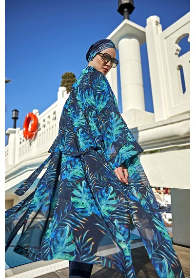 Remsa Mayo Remsa Tesettür Mayo Üzerine Tek Kaftan Kimono Pareo Rp009 Tropikal Lacivert