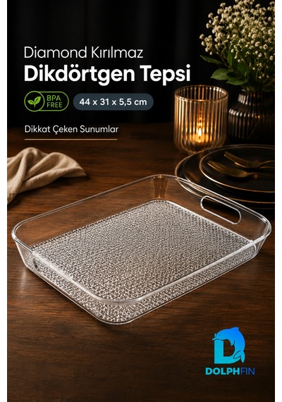 Diamond Kırılmaz Dikdörtgen Servis Tepsisi 44x31 Cm Kulplu Şeffaf Bpa İçermez