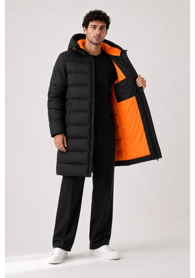 Maison Rae Erkek Uzun Puffer Mont - Parka, Rüzgar Ve Su Geçirmez,turuncu Astarlı, Kapüşonlu, Kışlık Mont Siyah
