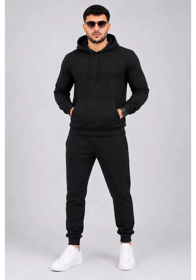 Freedom Storee Erkek İki İplik Kapüşonlu Kanguru Cepli Sweatshirt Jogger Pantolon Alt Üst Eşofman Takımı -siyah Çok Renkli