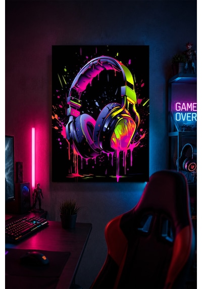 Neon Gaming Kulaklık Metal Duvar Tablosu Oyuncu Odası Dekorasyonu 15x20 Cm A5 Boyutunda