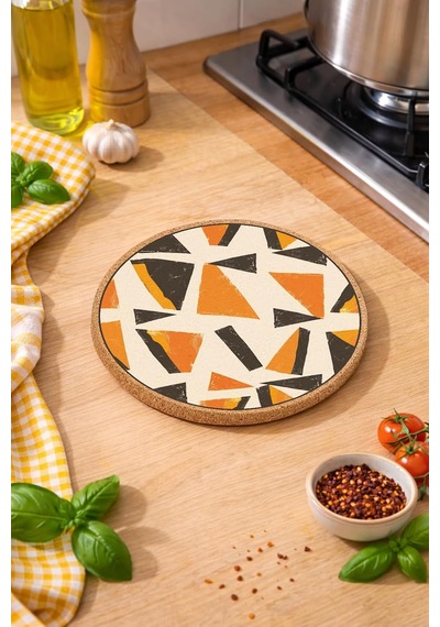 Geometik Desenli Mantar Nihale Tencere Tava Altlığı 19cm Çapında 1cm Kalınlığında Çok Renkli